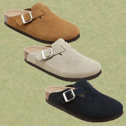 A pair of suede clog-style mules