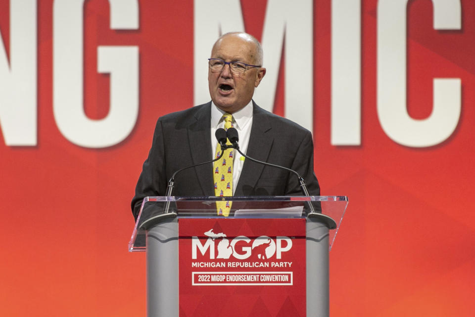 FILE - Former U.S. Ambassador to the Netherlands and Michigan 2nd District Rep. Pete Hoekstra speaks to open the Michigan Republican Convention at Devos Place, April 23, 2022, in Grand Rapids, Mich. On Wednesday, Feb. 14, 2024, former Hoekstra was officially recognized by the national Republican party as the Michigan Republican Party chairman and ruled that Kristina Karamo was correctly removed from the position earlier this year. (Daniel Shular/The Grand Rapids Press via AP, File)