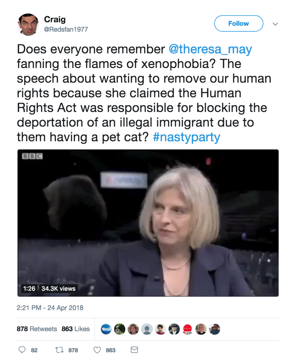 <em>The Windrush Scandal has led some to claim Mrs May has a racist attitude (Picture: Twitter)</em>