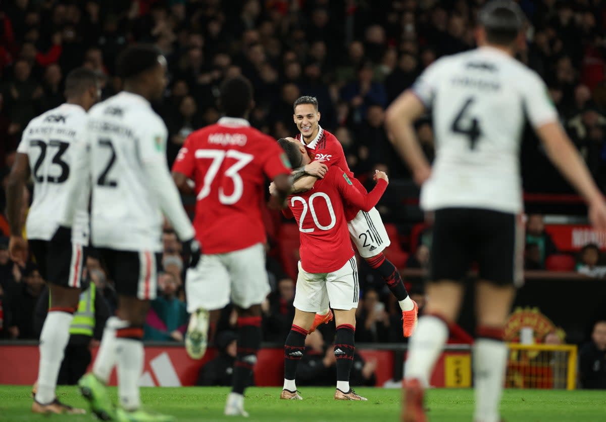 Antony celebrates scoring Manchester United’s opening goal (Reuters)
