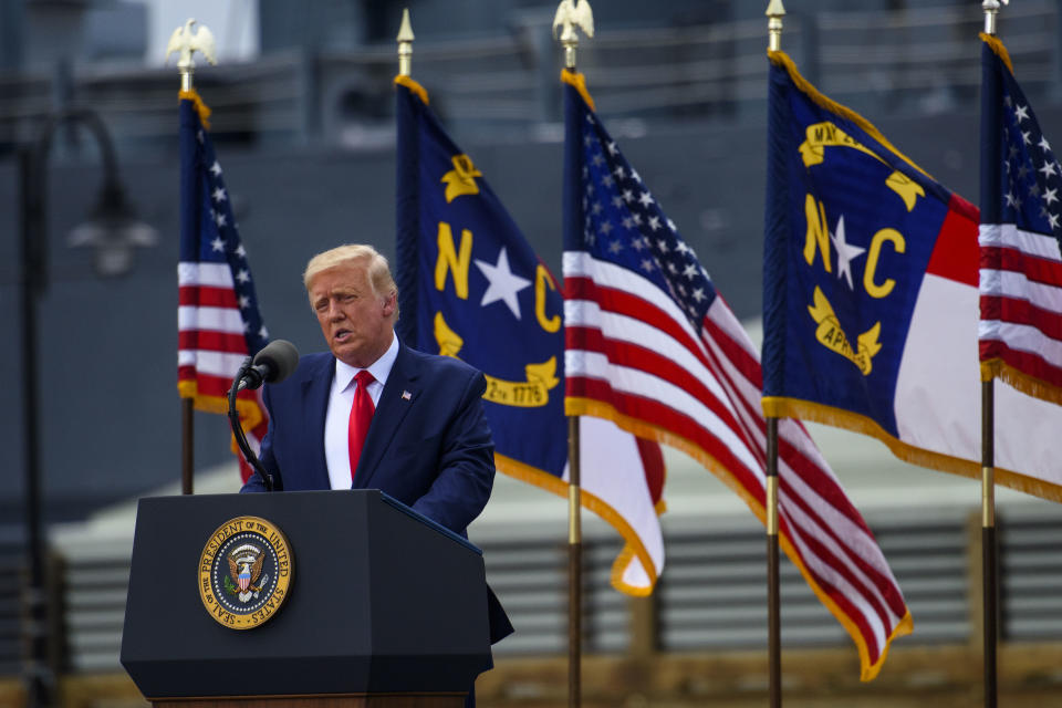 President Trump speaks to a small crowd outside the USS North Carolina on Sept. 2 in Wilmington, N.C. (Melissa Sue Gerrits/Getty Images)