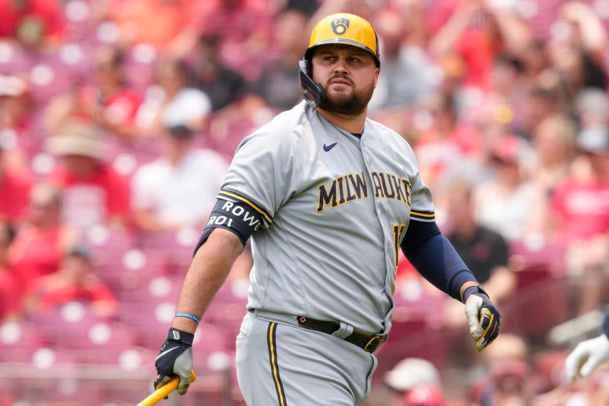 Rowdy Tellez of the Milwaukee Brewers looks on against the Miami