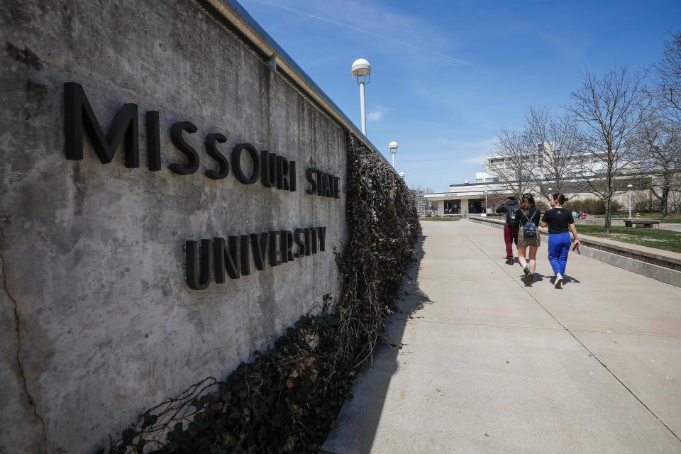 Students walk on campus at Missouri State University on Wednesday, April 3, 2019.