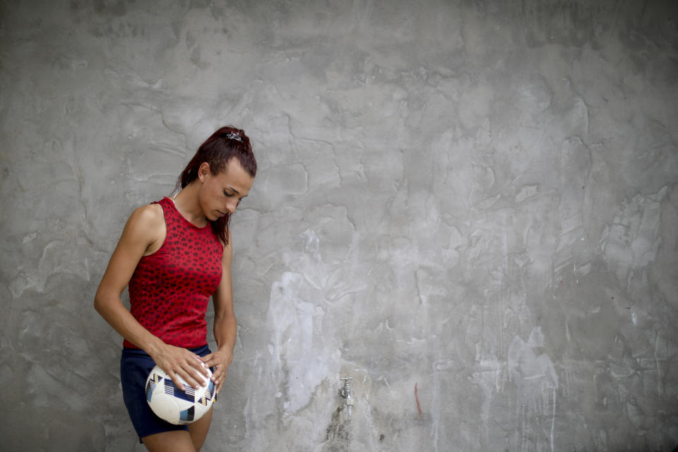 Soccer player Mara Gomez poses for a portrait at her home in La Plata, Argentina, Thursday, Feb. 6, 2020. Gomez is a transgender woman who is limited to only training with her women's professional soccer team, Villa San Carlos, while she waits for permission to start playing from the Argentina Football Association (AFA). If approved, she would become the first trans woman to compete in a first division, professional Argentine AFA tournament. (AP Photo/Natacha Pisarenko)