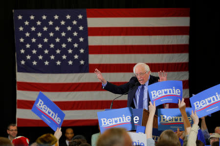 FILE PHOTO: Democratic 2020 U.S. presidential candidate and U.S. Senator Bernie Sanders (I-VT) speaks at a campaign rally in Concord, New Hampshire, U.S., March 10, 2019. REUTERS/Brian Snyder/File Photo