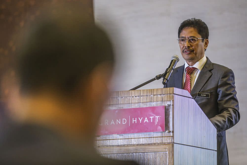 MACC chief commissioner Datuk Seri Azam Baki gives a speech during a Transparency International forum at the Grand Hyatt Kuala Lumpur September 15, 2020. — Picture by Hari Anggara