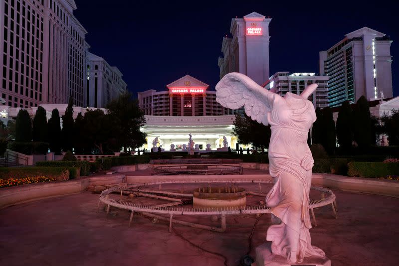 FILE PHOTO: The fountains at Caesars Palace are empty during the shutdown of all casinos and nonessential businesses, an effort to slow the spread of the novel coronavirus, in Las Vegas