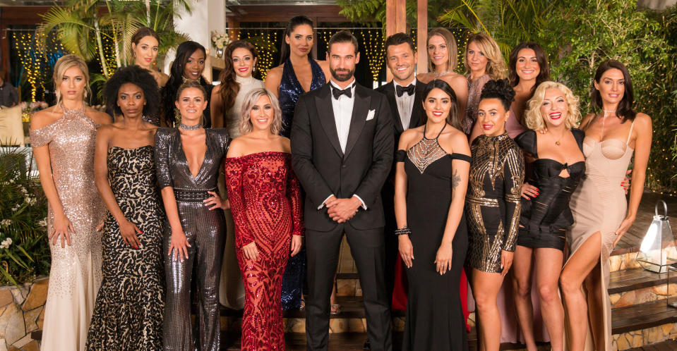 Alex, Mark and the female contestants of The Bachelor UK (Channel 5)