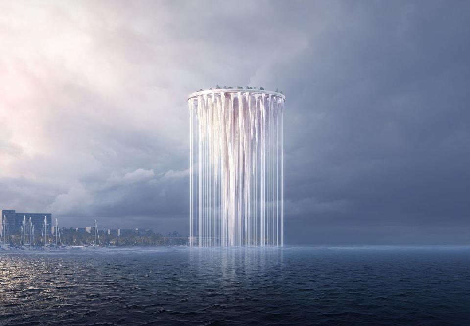 巨大浮島塔以懸空瀑布作為主要設計視覺，很有未來感。