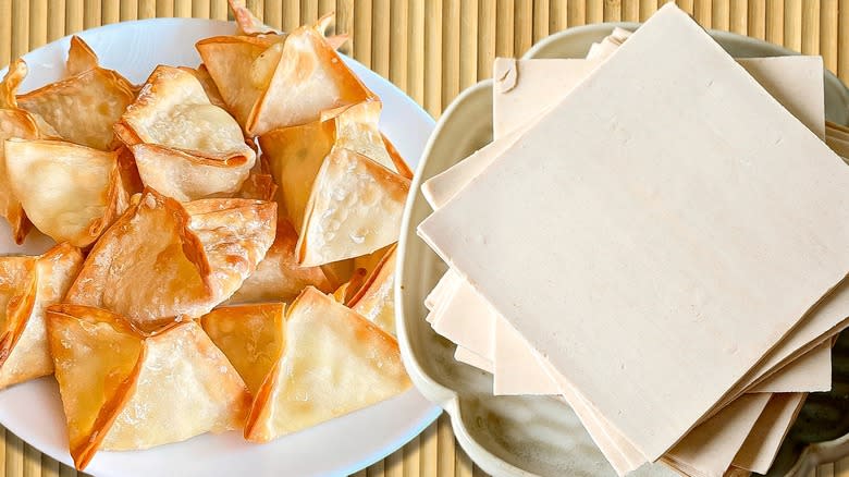 Raw wonton wrappers and fried wontons