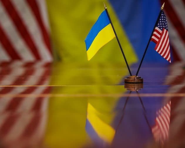 The Ukrainian and U.S. flags are on display at a meeting Wednesday between Ukrainian Defense Minister Rustem Umerov and U.S. Defense Secretary Lloyd Austin at the Pentagon.