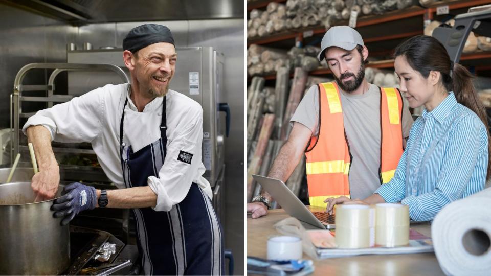 Composite image of a chef smiling and a male and female worker in a factory to represent jobs and employment.