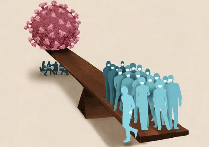 illustration of a seesaw where on one side there's a lot of people with masks weighing down the other side, which is the coronavirus particle and people eating at a table