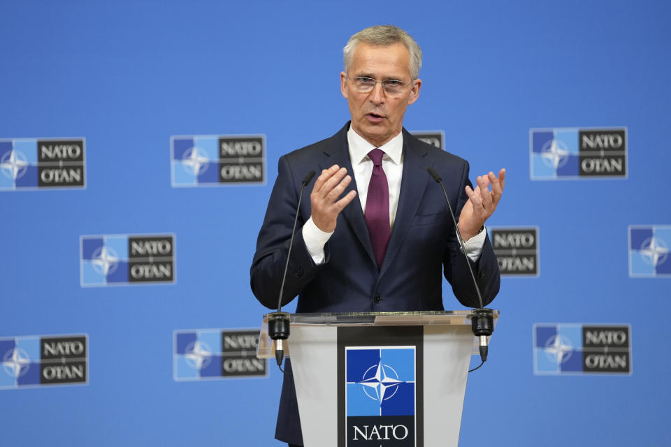 NATO Secretary General Jens Stoltenberg speaks during a media conference at NATO headquarters in Brussels, Thursday, July 6, 2023. Senior officials from Sweden and Turkey arrived at NATO headquarters Thursday to examine Turkish President Recep Tayyip Erdogan's objections to the Nordic country joining the military alliance and to see what more, if anything, could be done to break the deadlock. (AP Photo/Virginia Mayo)