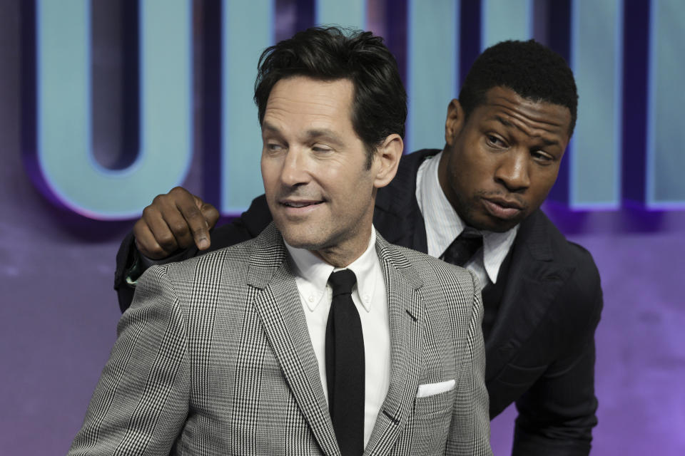 Paul Rudd, left, and Jonathan Majors pose for photographers upon arrival for the premiere of 'Ant Man and The Wasp: Quantumania' in London, Thursday, Feb. 16, 2023. (Photo by Scott Garfitt/Invision/AP)