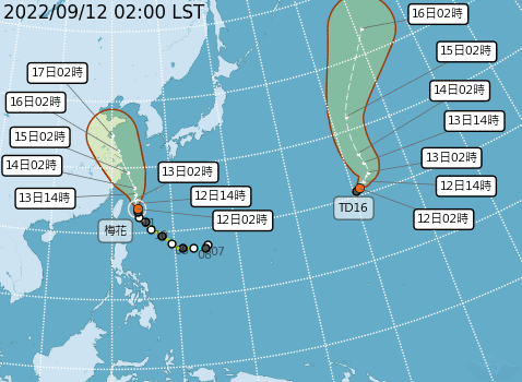 梅花颱風暴風圈正逐漸進入台灣東半部近海，對東半部及北部海面構成威脅。（中央氣象局提供）