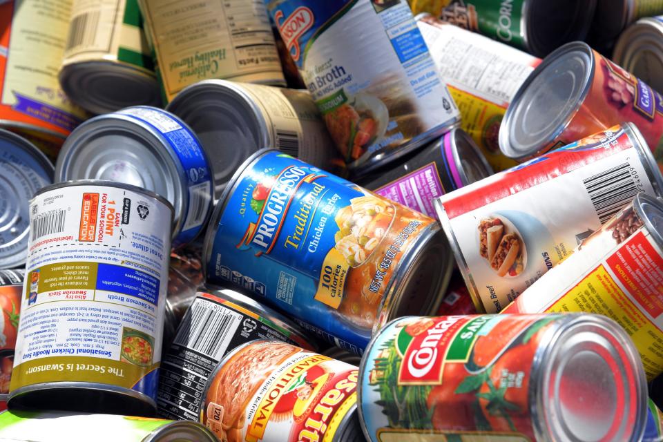 Canned goods collected as a part of more than 42,000 pounds of donations received by the Stockton Emergency Food Bank in 2017. More than 70 percent of the steel used to make metal food containers is from recycled metal; if the supply of recycled metal to the food-processing industry is interrupted, the price of canned goods will increase.