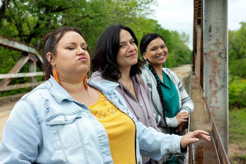 From left, Jana Schmieding plays Bev, Sarah Podemski as Rita and Oklahoma actor Nathalie Standingcloud as Natalie in "Reservation Dogs" Season 3, Episode 7, titled “Wahoo!”