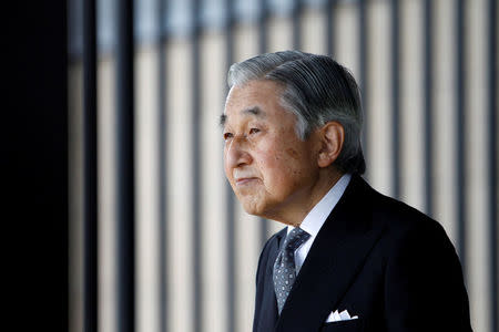 FILE PHOTO: Japan's Emperor Akihito waits for the arrival of German President Christian Wulff at the Imperial Palace in Tokyo October 24, 2011. REUTERS/Issei Kato/File Photo