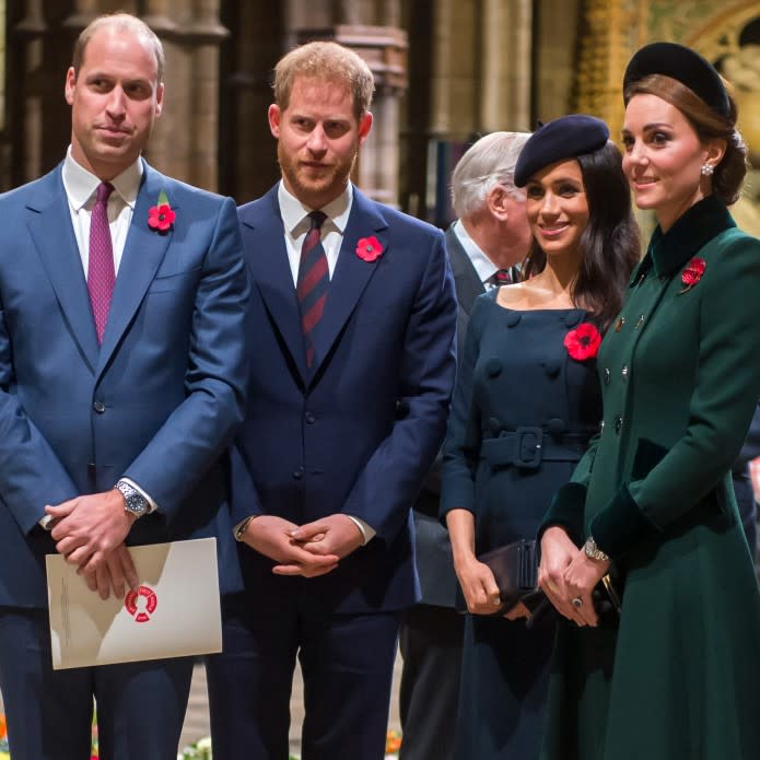  Prince William, Prince of Wales, Catherine, Princess of Wales, Harry, Duke of Sussex and Meghan, Duchess of Sussex arrive as the coffin bearing the body of Her majesty Queen Elizabeth II completes its Journey from Buckingham Palace to Westminster Hall accompanied by King Charles III and other members of the Royal Family, on September 14, 2022 in London, England. 