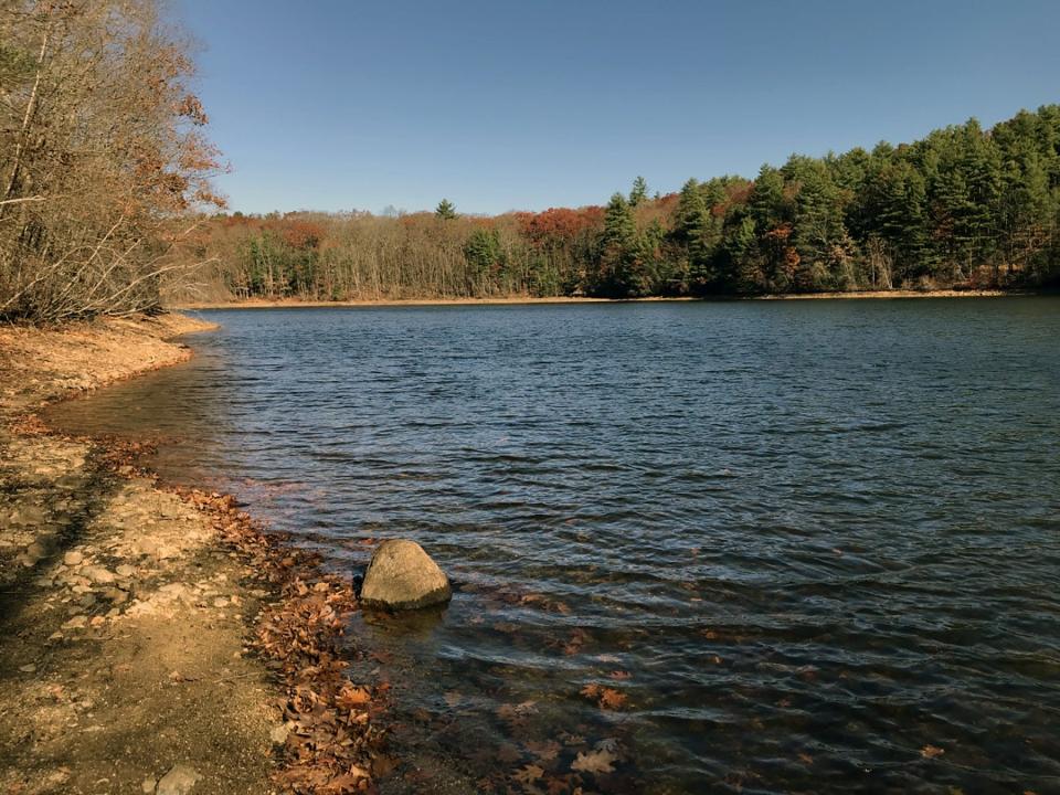 The Diamond Hill Reservoir is visible by looking west and downhill from the Ridge Trail at Mercy Woods Preserve in Cumberland.