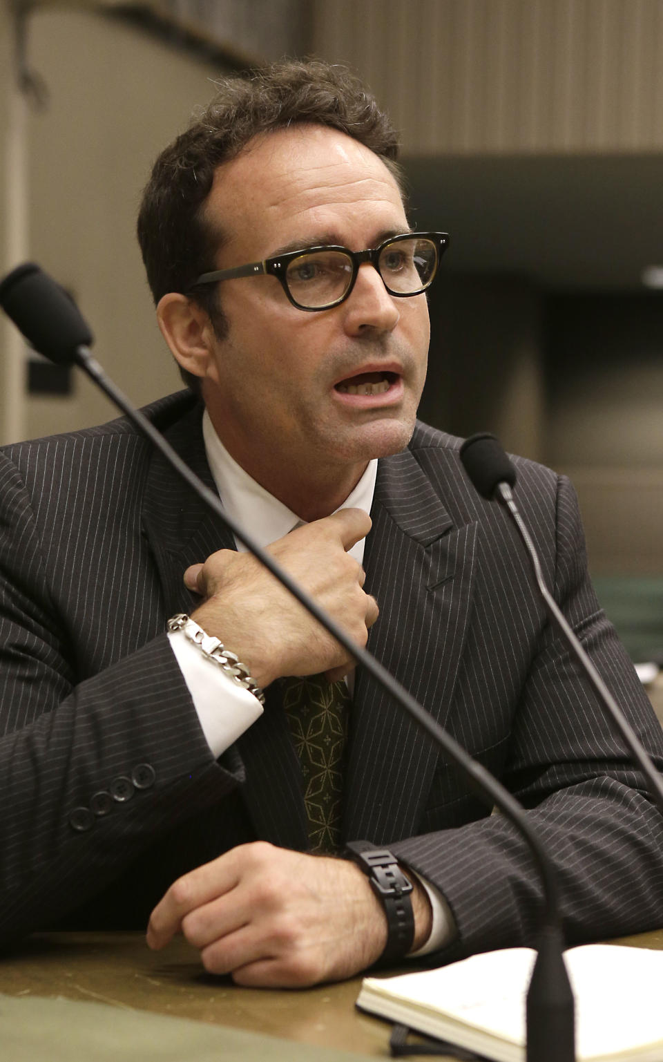 Actor Jason Patric, urged lawmakers to approve a bill that would allow him another chance to seek paternity rights for his 3-year-old son, while appearing before the Assembly Judiciary Committee in Sacramento, Calif. Tuesday, Aug. 13, 2013. If approved by the Legislature, the measure, SB115 by Sen. Jerry Hill, D-San Mateo, would allow sperm donors to petition for rights if they can show a certain level of involvement in the child's life. Patric and ex-girlfriend Danielle Schreiber conceived a son through artificial insemination, but Patric's access to the boy was cut off after the couple had a falling out, and a judge ruled that he had no parental rights because he was considered only a sperm donor under a 2011 law. (AP Photo/Rich Pedroncelli)