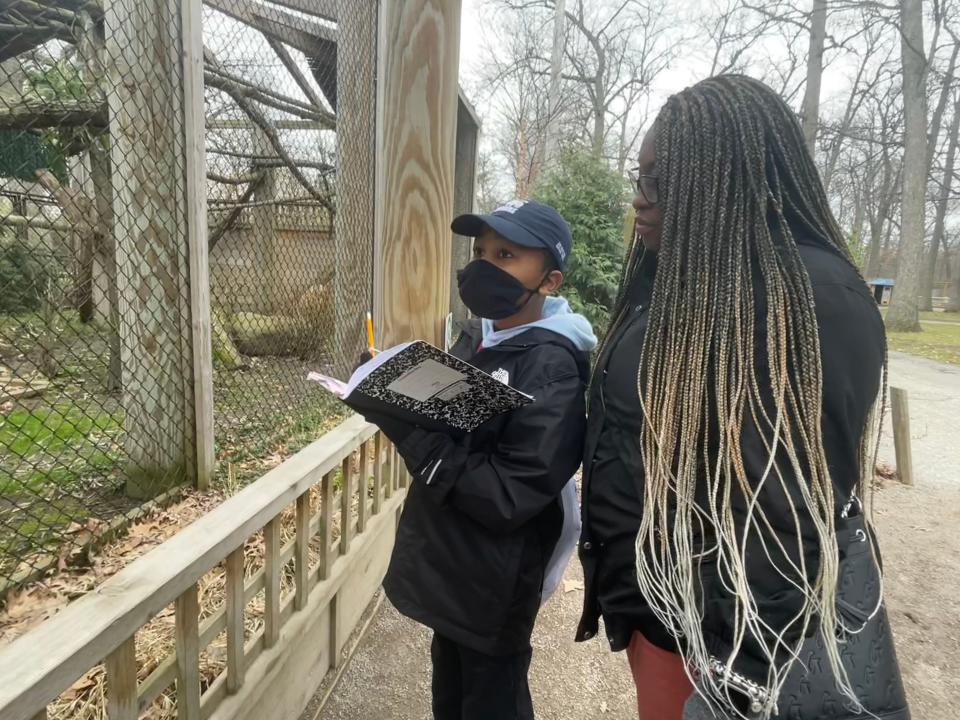 Carter McKinney, 10, takes notes on the habitat and diet of Potter Park Zoo's red pandas while his mom Ta'Shara Francis-Brown watches over his shoulder. Francis-Brown was one of the parent chaperones for Red Cedar Elementary's BIG Zoo Lesson visit.