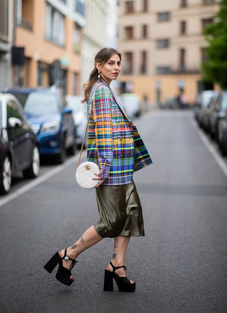 1) Silk Midi Skirt with Platforms and a Plaid Jacket