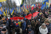 <p>Three Ukrainian far right organizations Azov, Svoboda and Right Sector gather about 10 thousands of its members and supporters for a “March of National Dignity” downtown Kiev, Ukraine on Feb. 22, 2017. (Sergii Kharchenko/NurPhoto via Getty Images) </p>