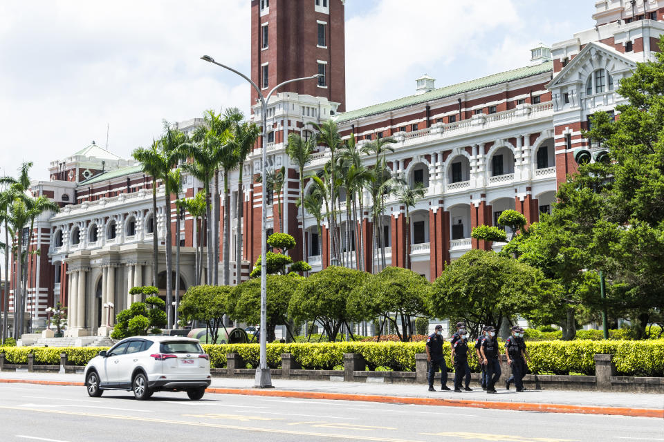 Taipei, Taiwan- August 26, 2021: The military police of the Republic of China are patrolling around the presidential office in Taipei, Taiwan.