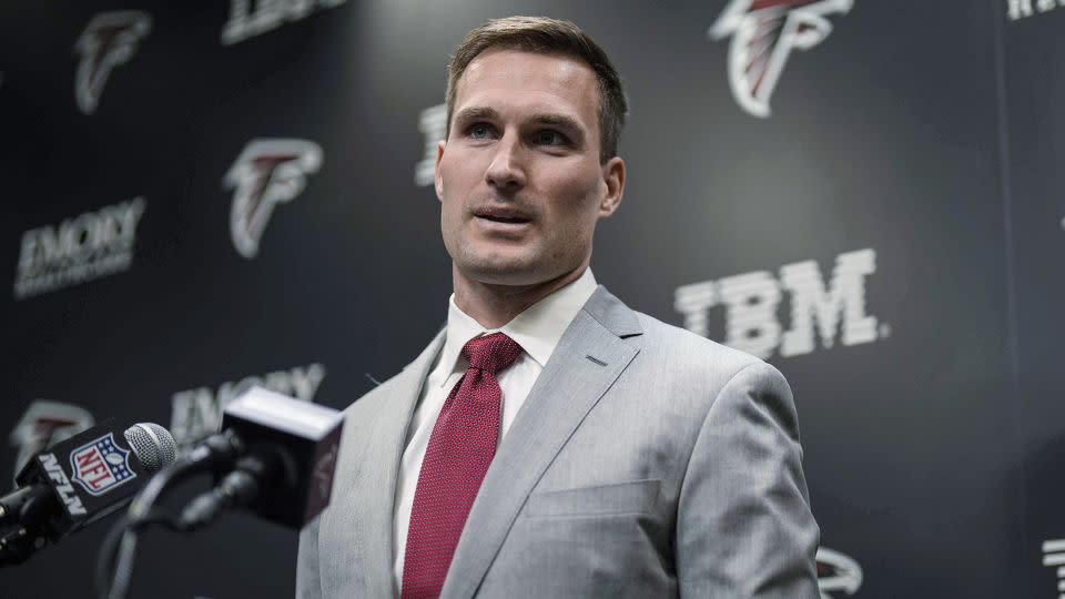 Cousins speaks to the media in his introductory press conference after signing for the Falcons. - Mike Stewart/AP
