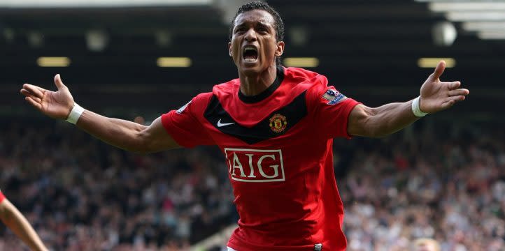 Luis Nani celebrates after scoring for Manchester United. Credit: Alamy