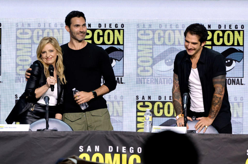 Sarah Michelle Gellar, Tyler Hoechlin, and Tyler Posey speak on stage at the Teen Wolf: The Movie panel