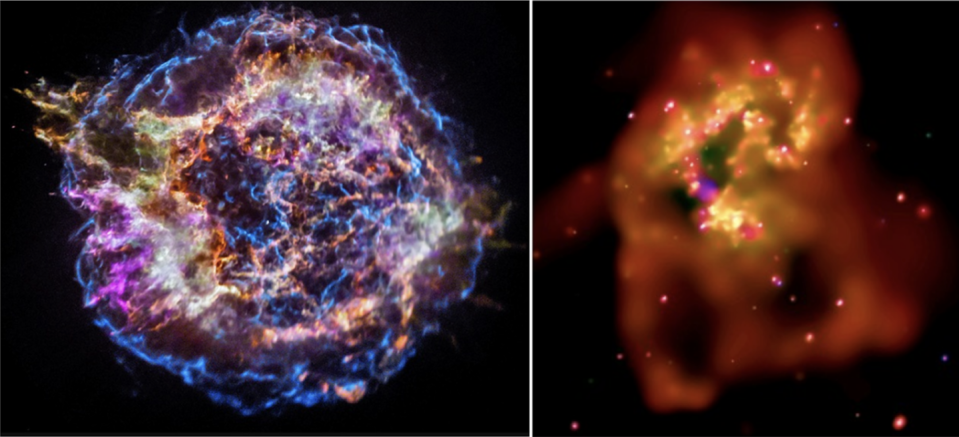 On the left is the Cassiopeia A supernova. The image is about 19 light years across, and different colors in the image identify different chemical elements (red indicates silicon, yellow indicates sulfur, cyan indicates calcium, purple indicates iron and blue indicates high energy). The point at the center could be the neutron star remnant of the exploded star. On the right are the colliding ‘Antennae’ galaxies, which form a gigantic structure about 30,000 light years across. <a href="https://chandra.harvard.edu/photo/2019/firstlight/more.html" rel="nofollow noopener" target="_blank" data-ylk="slk:Chandra X-ray Center;elm:context_link;itc:0;sec:content-canvas" class="link ">Chandra X-ray Center</a>