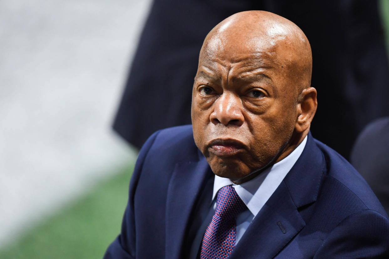 Feb 3, 2019; Atlanta; U.S. congressman John Lewis rides along the sidelines during warm-ups before Super Bowl LIII between the New England Patriots and the Los Angeles Rams at Mercedes-Benz Stadium. Credit: Dale Zanine-USA TODAY Sports