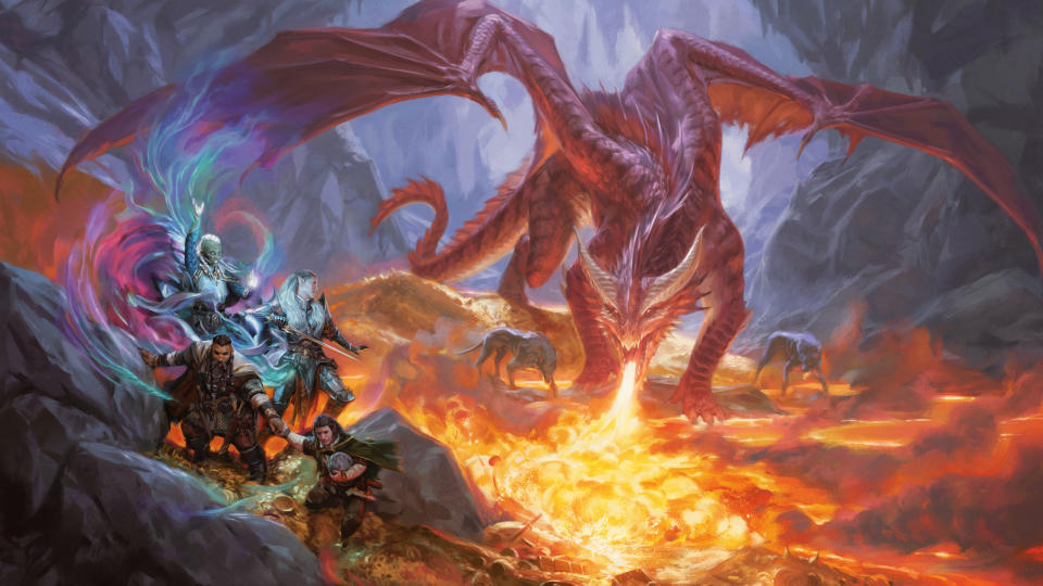 A dragon spews fire at adventurers stealing from its treasure hoard in artwork from The Practically Complete Guide to Dragons