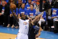 Apr 16, 2016; Oklahoma City, OK, USA; Oklahoma City Thunder guard Dion Waiters (3) shoots the ball over Dallas Mavericks center Zaza Pachulia (27) during the second quarter in game one of their first round NBA Playoff series at Chesapeake Energy Arena. Mandatory Credit: Mark D. Smith-USA TODAY Sports