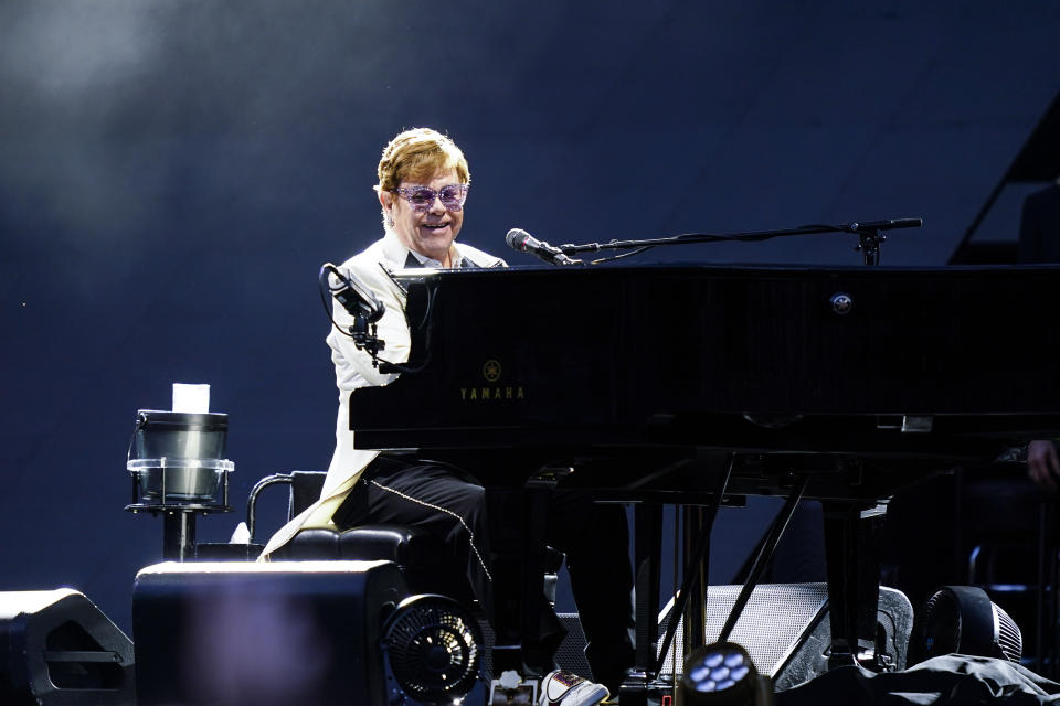 Elton John performs during his "Farewell Yellow Brick Road," tour, Friday, July 15, 2022, at Citizens Bank Park in Philadelphia. (AP Photo/Matt Rourke)