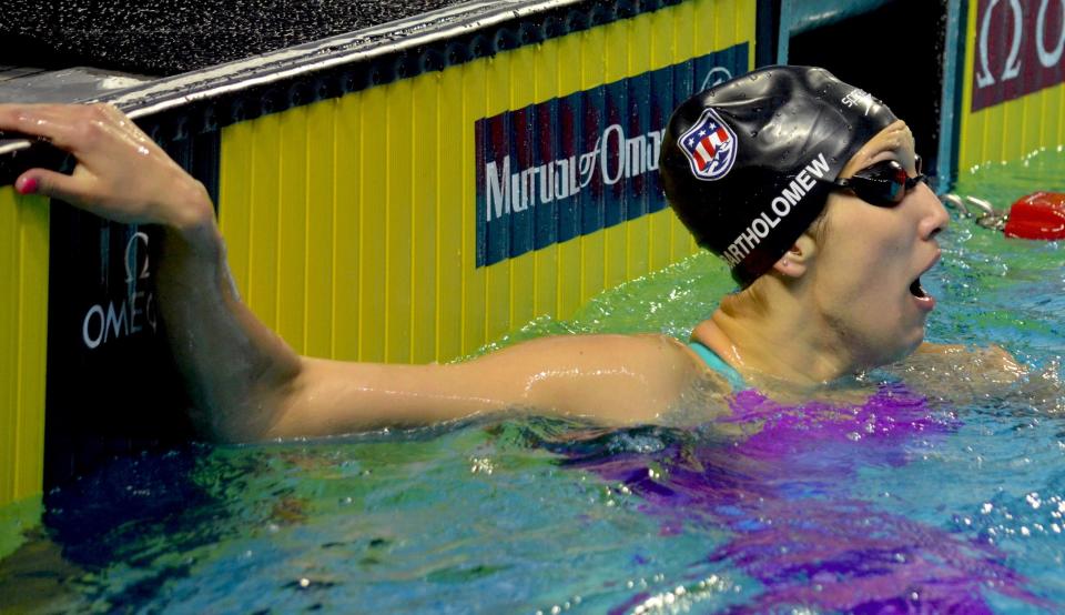 Courtney Bartholomew reacts at the 2015 Duel in the Pool in Indianapolis.