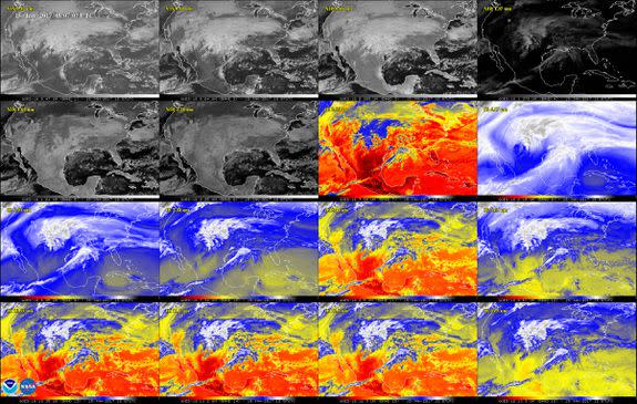 The United States in multiple wavelengths of light revealing water vapor, smoke, ice and ash.