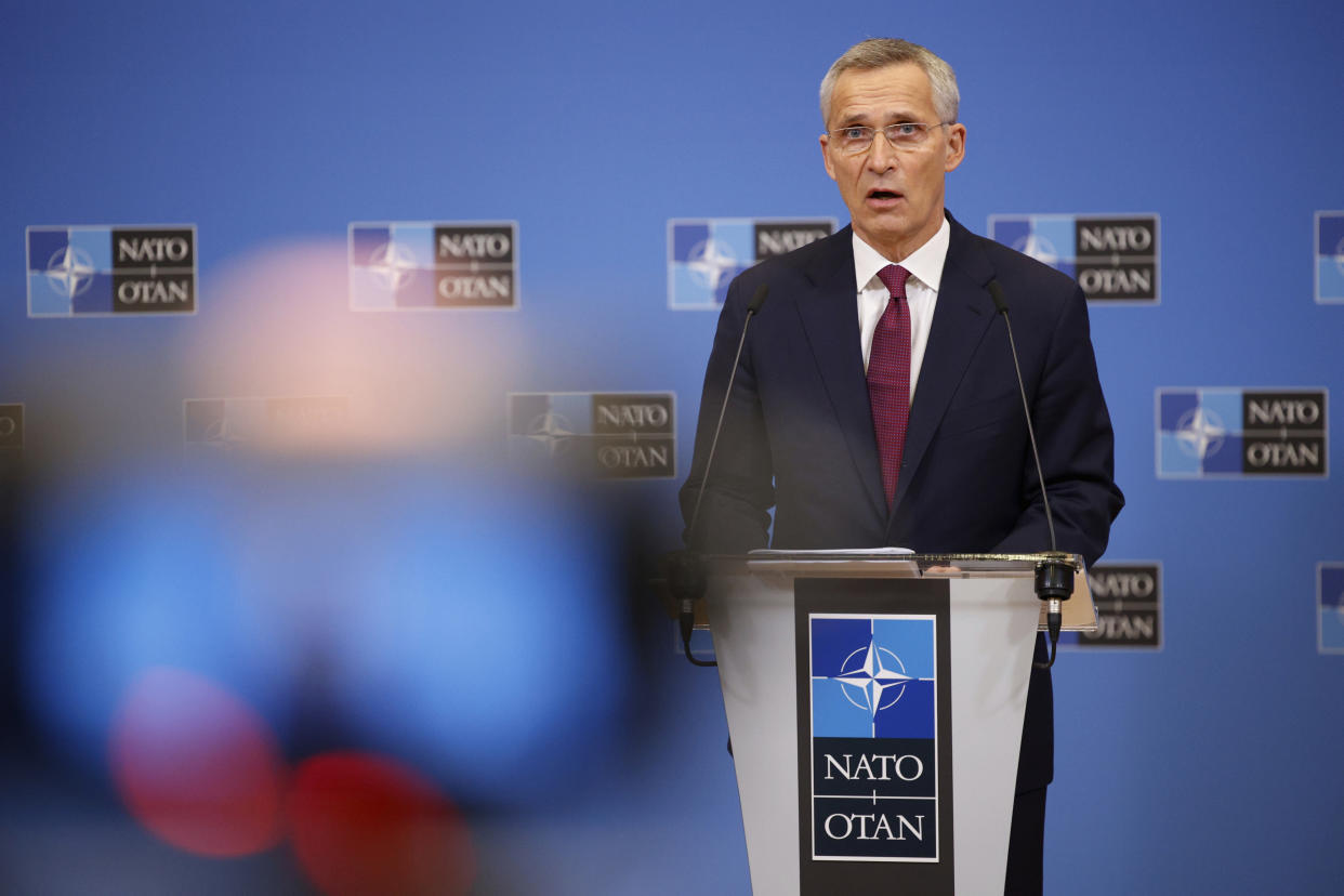 NATO Secretary General Jens Stoltenberg speaks to the press ahead of a meeting of NATO Foreign Affairs Ministers to be held on Nov. 30-Dec.1, at the NATO headquarters, in Brussels, Belgium, Friday, Nov. 26, 2021. (AP Photo/Olivier Matthys)