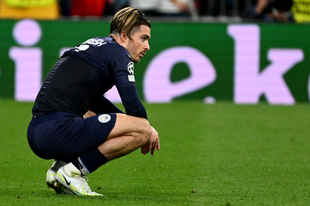 Manchester City's Jack Grealish after their Champions League semi-final defeat by Real Madrid at the Santiago Bernabeu stadium in Madrid.