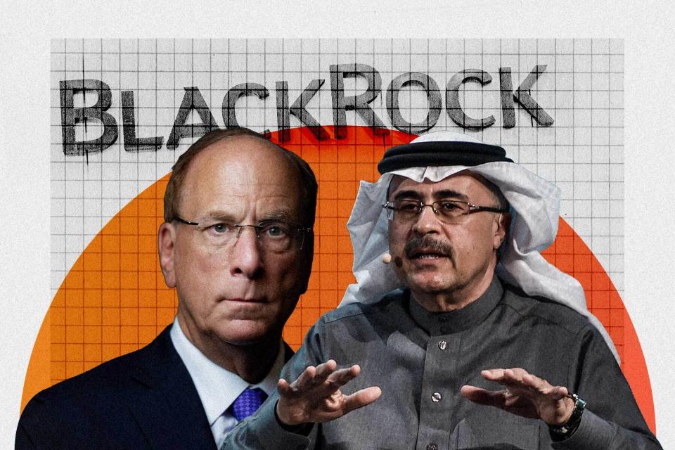 Larry Fink, der CEO von Blackrock, und Saudi-Aramco-Chef Amin Nasser.  - Copyright: Getty Images / Erik McGregor, FAYEZ NURELDINE, JOEL SAGET, Collage: Dominik Schmitt