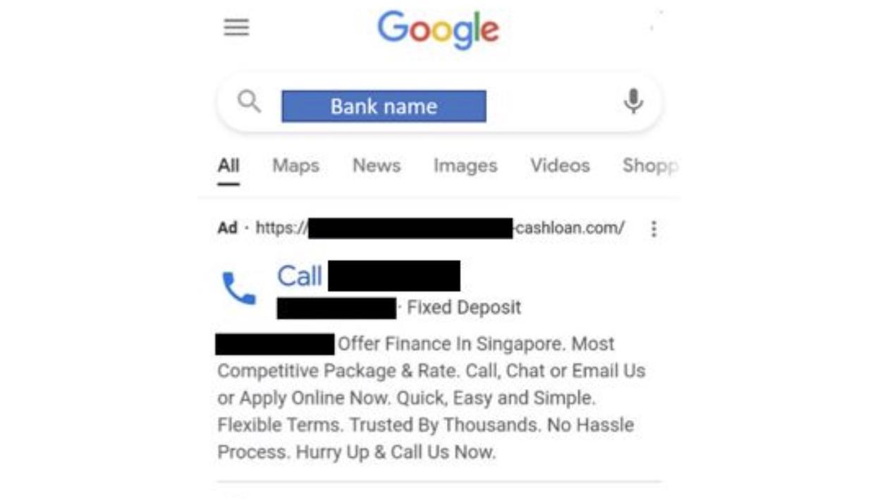 Screenshot of an example of scammers using Google Search to dupe victims seeking banks' contact numbers. (PHOTO: Singapore Police Force)