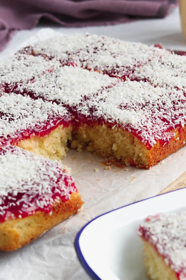 <p>This jam and coconut <a href="https://www.delish.com/uk/cooking/recipes/g33510334/best-sponge-cake-recipes/" rel="nofollow noopener" target="_blank" data-ylk="slk:sponge cake;elm:context_link;itc:0;sec:content-canvas" class="link ">sponge cake</a> is so nostalgic and a reminder of school days - and so simple to make! Feel free to use <a href="https://www.delish.com/uk/cooking/recipes/a32485084/strawberry-jam-recipe/" rel="nofollow noopener" target="_blank" data-ylk="slk:strawberry jam;elm:context_link;itc:0;sec:content-canvas" class="link ">strawberry jam</a> instead if you prefer.</p><p>Get the <a href="https://www.delish.com/uk/cooking/recipes/a35764575/jam-and-coconut-sponge/" rel="nofollow noopener" target="_blank" data-ylk="slk:Jam & Coconut Sponge;elm:context_link;itc:0;sec:content-canvas" class="link ">Jam & Coconut Sponge</a> recipe.</p>