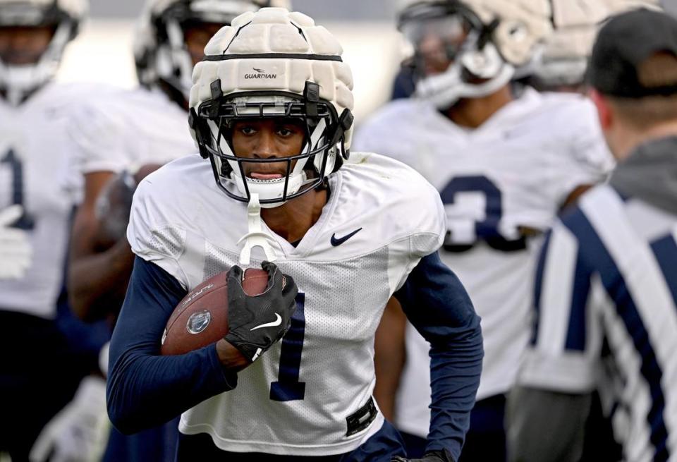 Penn State wide receiver KeAndre Lambert-Smith runs a drill during practice on Wednesday, October. 25, 2023.