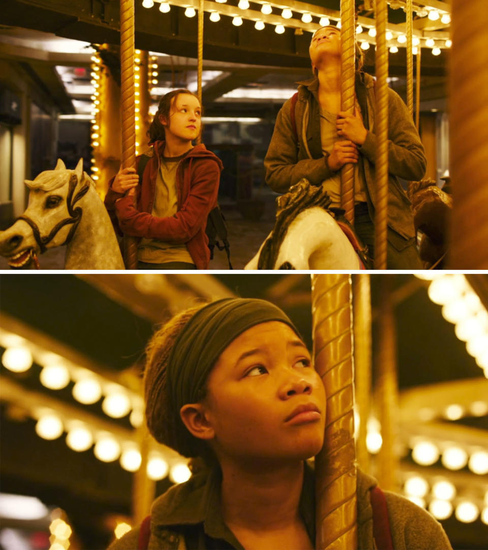 Ellie riding a merry-go-round with a friend in a scene from "The Last of Us"