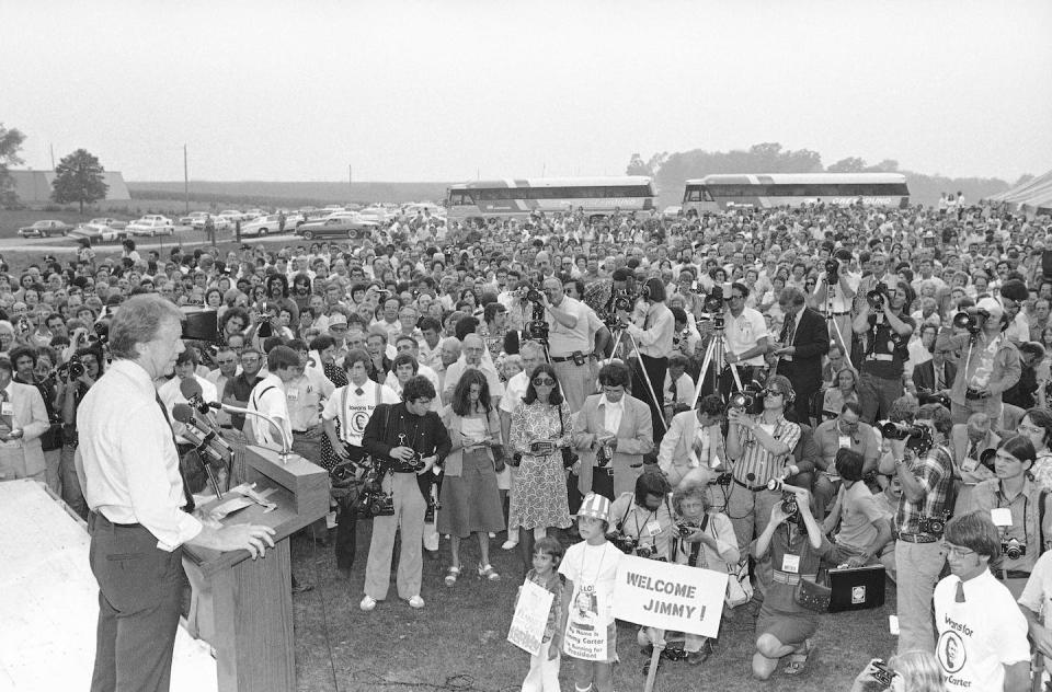 Jimmy Carter speaks to a crowd of supporters at a farm in Des Moines, Iowa. <a href="http://www.apimages.com/Search?query=jimmy+carter+iowa&ss=10&st=kw&entitysearch=&toItem=18&orderBy=Newest&searchMediaType=allmedia" rel="nofollow noopener" target="_blank" data-ylk="slk:AP Photo;elm:context_link;itc:0;sec:content-canvas" class="link ">AP Photo</a>