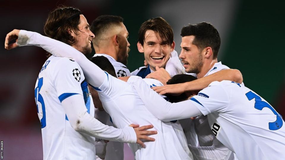 Atalanta players celebrate Robin Gosens' goal against Liverpool in the Champions League in November 2020