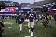 New England Patriots quarterback Tom Brady leaves the field after being defeated by the Miami Dolphins in an NFL football game, Sunday, Dec. 29, 2019, in Foxborough, Mass. (AP Photo/Elise Amendola)